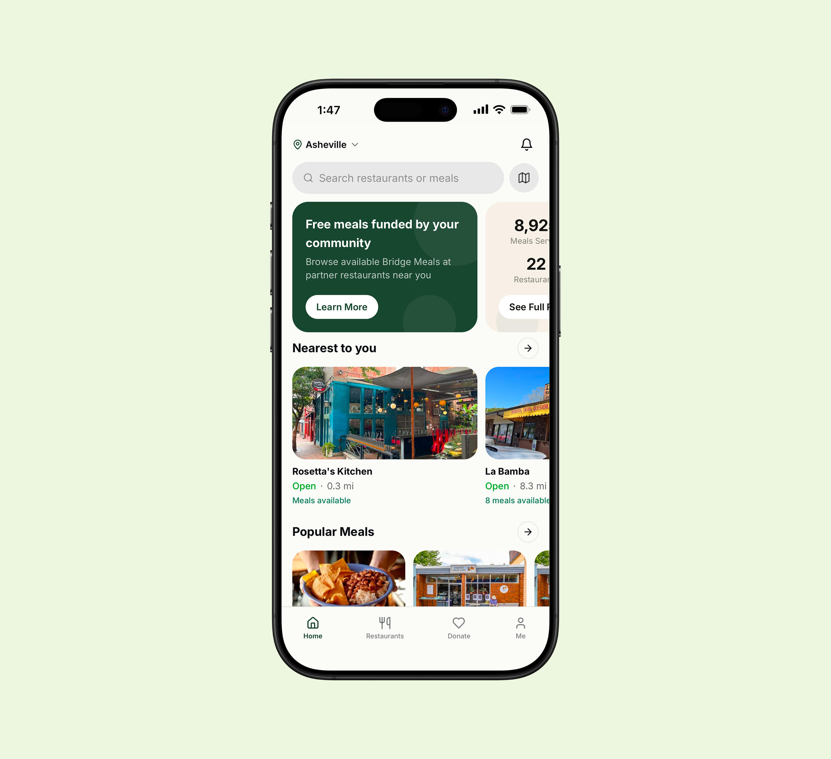 The Bridge Meals app showing free meals available at partner restaurants near you