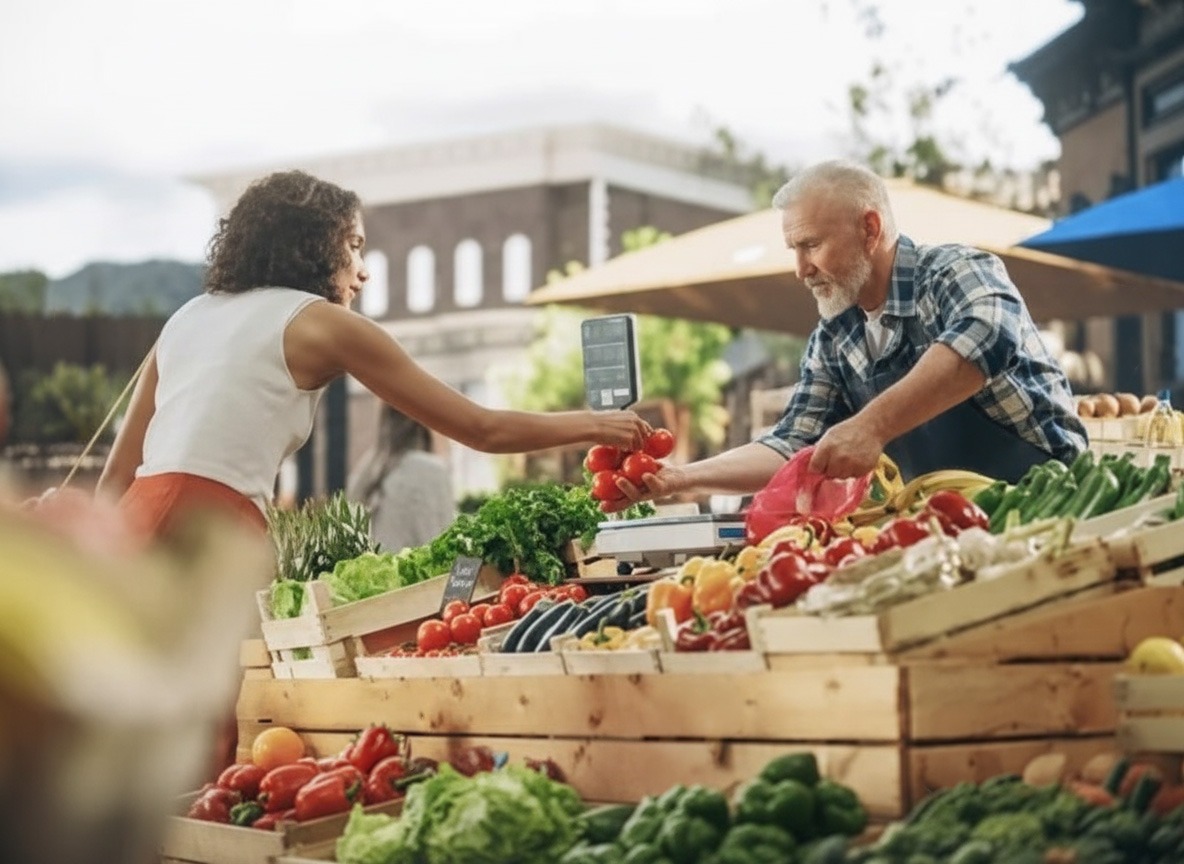 Vendor selling fresh vegetables at farmers market